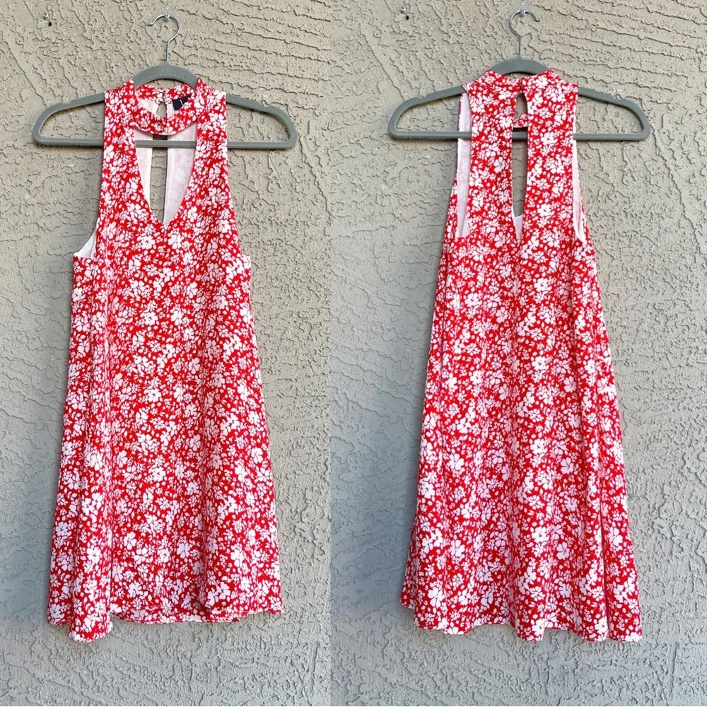 LULU’s Red & White Floral Printed Choker Swing Dress Mini Dress Sz S - Picture 4 of 15